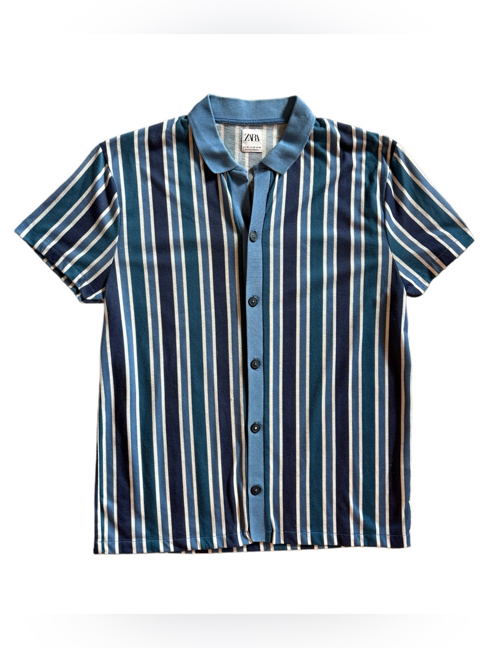 ZARA Blue & Navy Vertical Stripe Short Sleeve Button-Up Shirt